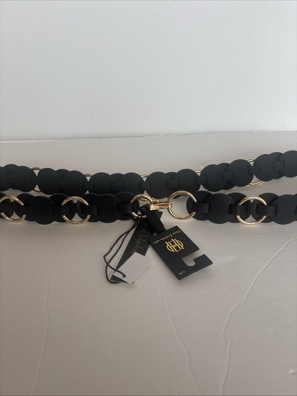 House Of Harlow 1960 Black Faux Leather Gold Ring Chain Belt Bohemian Chic L/XL